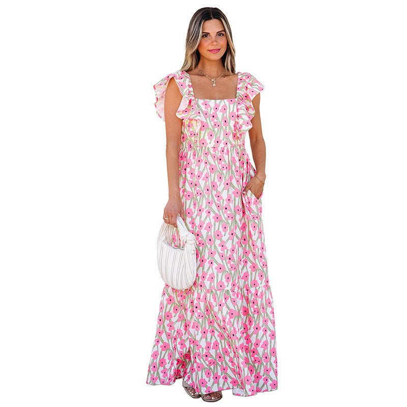 Atikmode Robe Longue Polyester Fleurie Col Carré