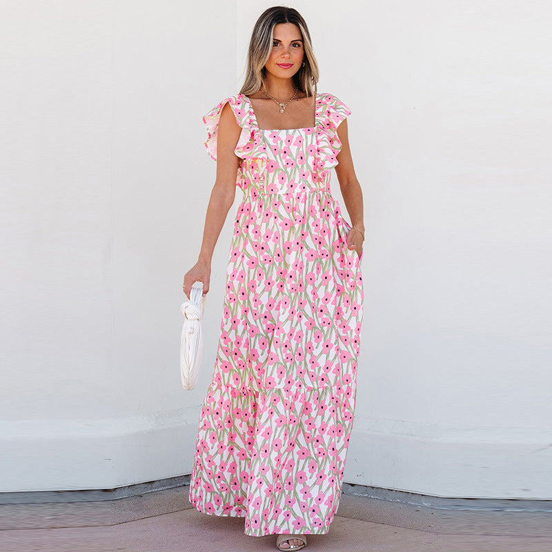 Atikmode Robe Longue Polyester Fleurie Col Carré