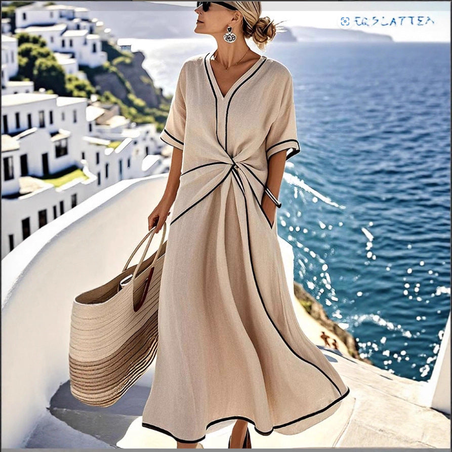 Atikmode Robe Longue Ample Rayée Lin-Polyester