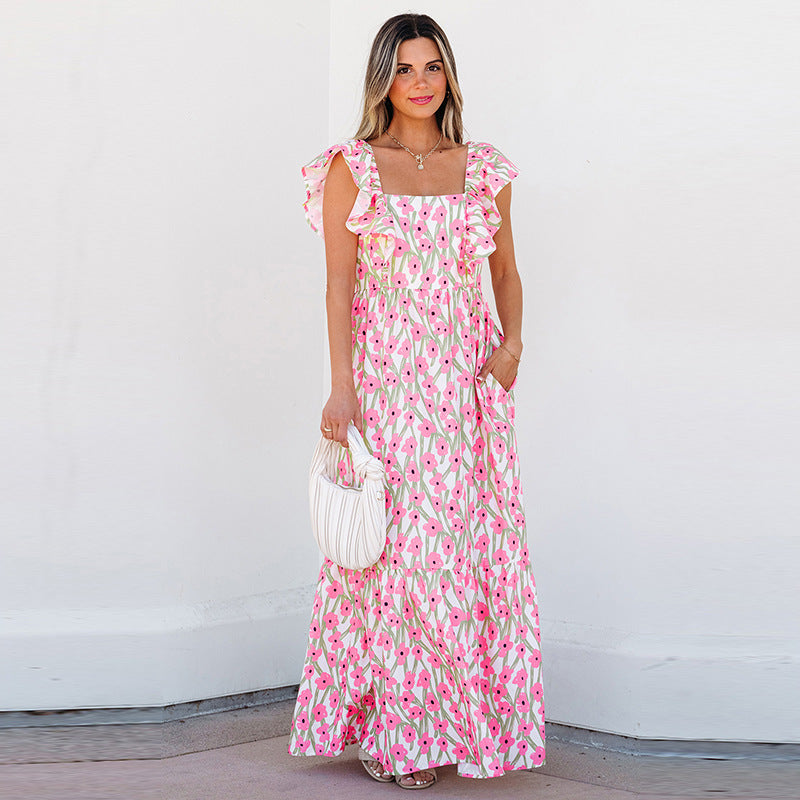 Atikmode Robe Longue Polyester Fleurie Col Carré