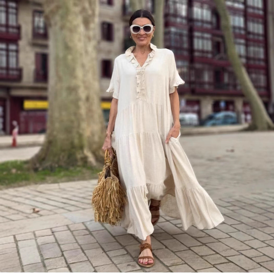 Atikmode Robe Coton Col Polo Taille Haute