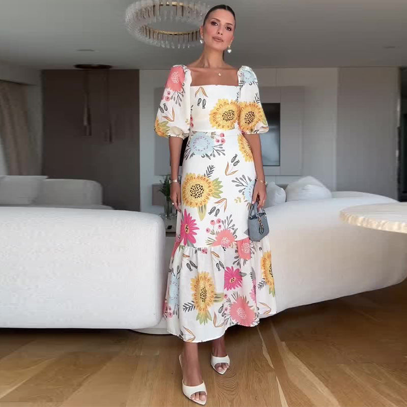 Atikmode Robe Polyester Col Carré Manches Bouffantes