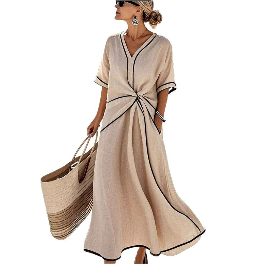 Atikmode Robe Longue Ample Rayée Lin-Polyester