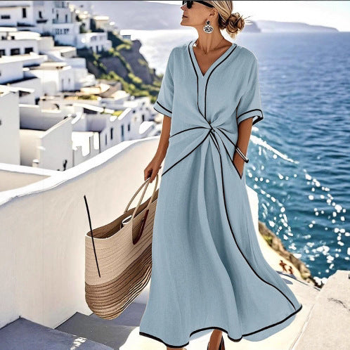 Atikmode Robe Longue Ample Rayée Lin-Polyester