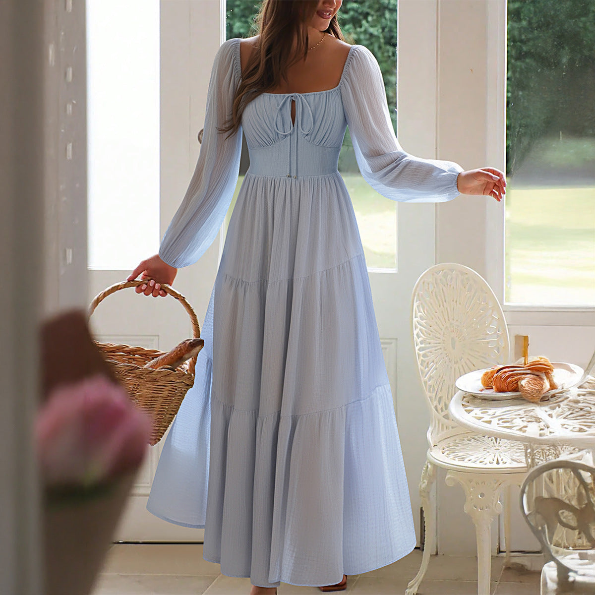 Tencel Doux – Robe bord de mer manches bouffantes taille élastique