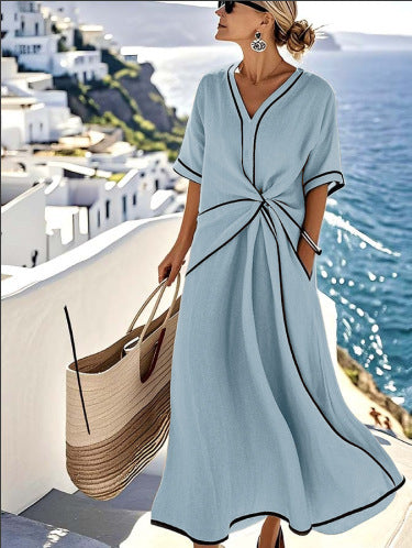 Atikmode Robe Longue Ample Rayée Lin-Polyester
