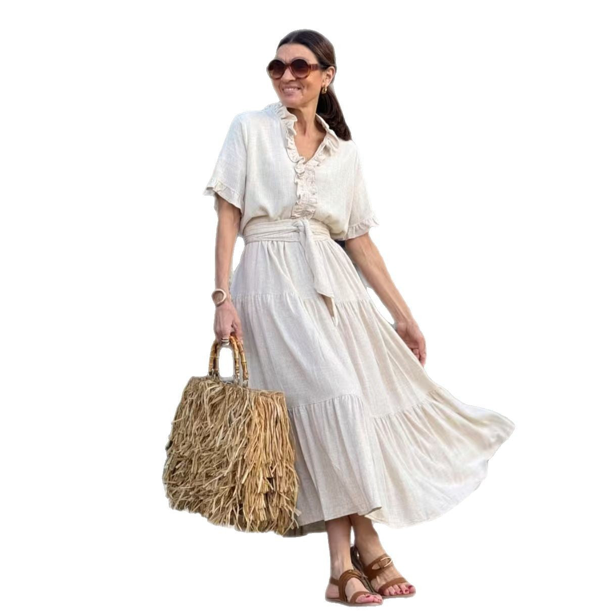 Atikmode Robe Coton Col Polo Taille Haute