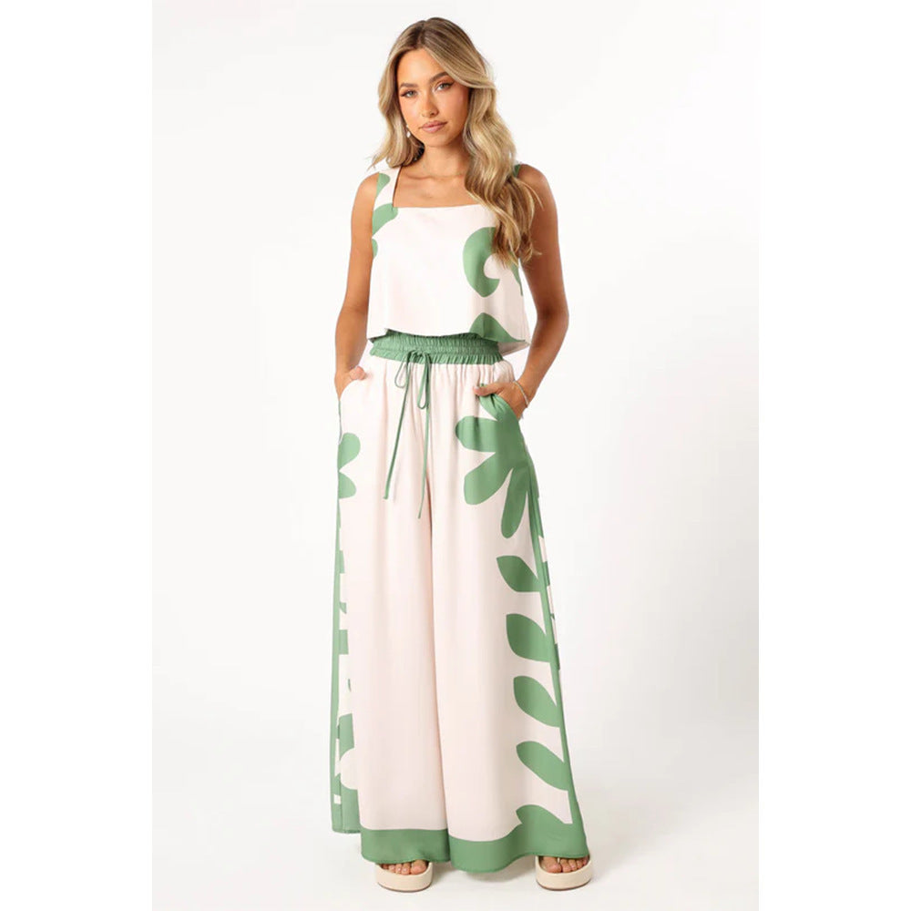 Atikmode Ensemble 2 Pièces Large Imprimé Floral Vert Clair