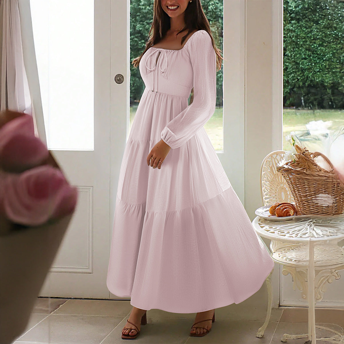 Tencel Doux – Robe bord de mer manches bouffantes taille élastique