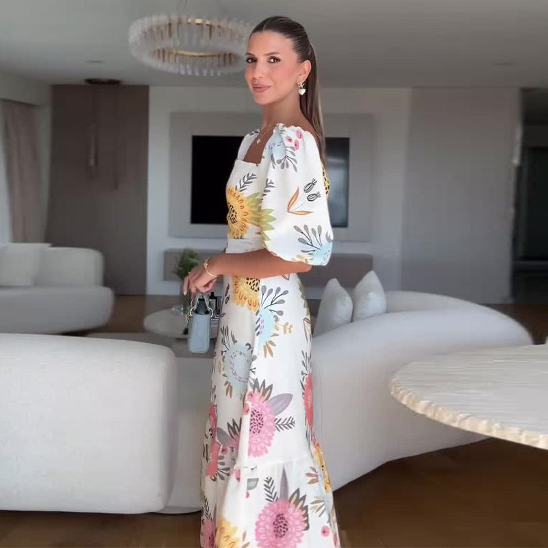 Atikmode Robe Polyester Col Carré Manches Bouffantes
