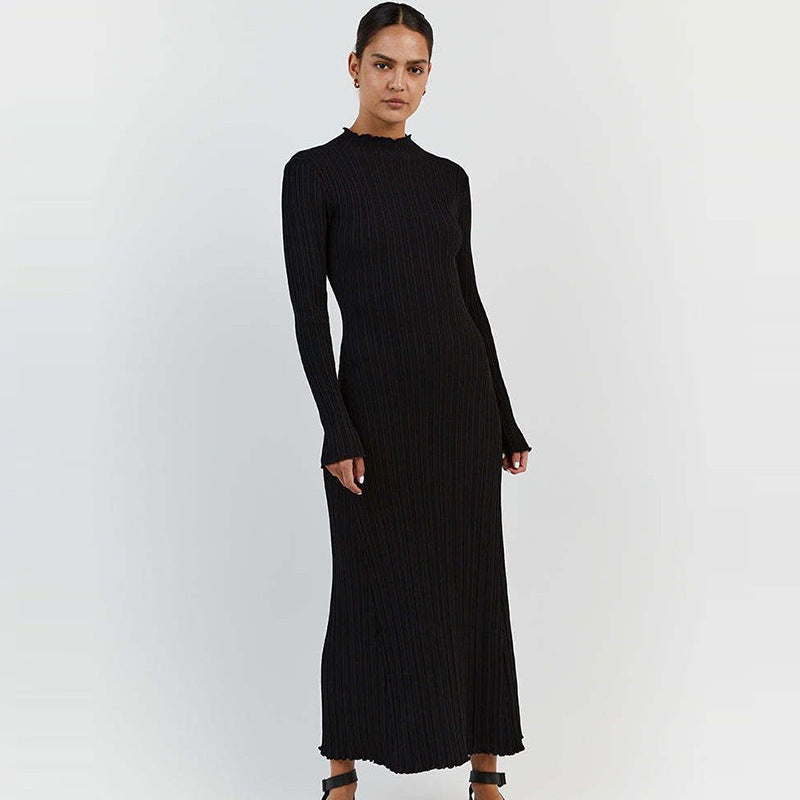 Atikmode Robe Mi-longue Col Roulé Tricotée Taille Haute