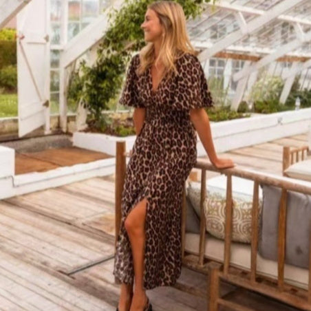 Atikmode Robe Longue Polyester Léopard Col V