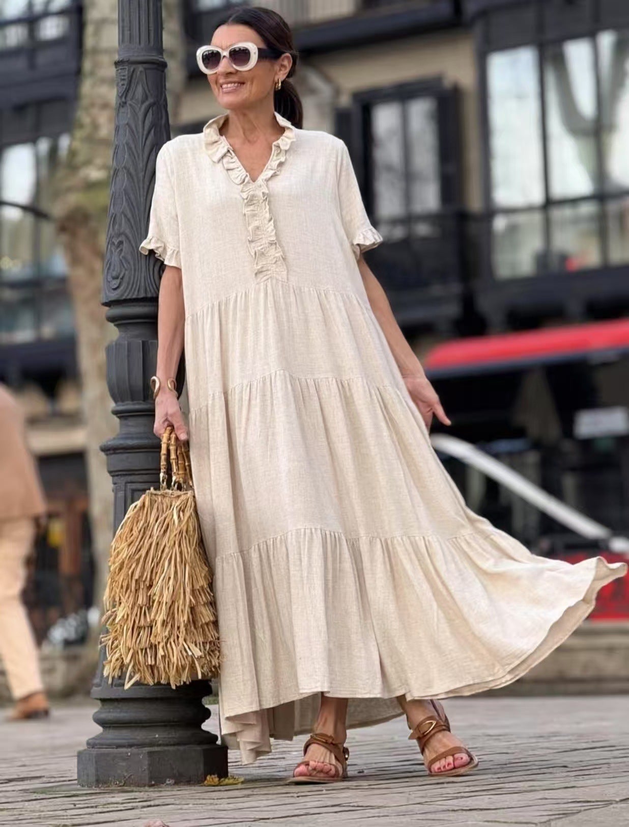 Atikmode Robe Coton Col Polo Taille Haute