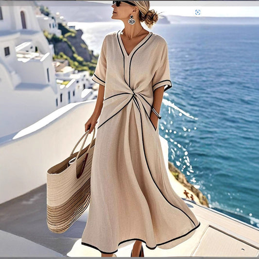 Atikmode Robe Longue Ample Rayée Lin-Polyester