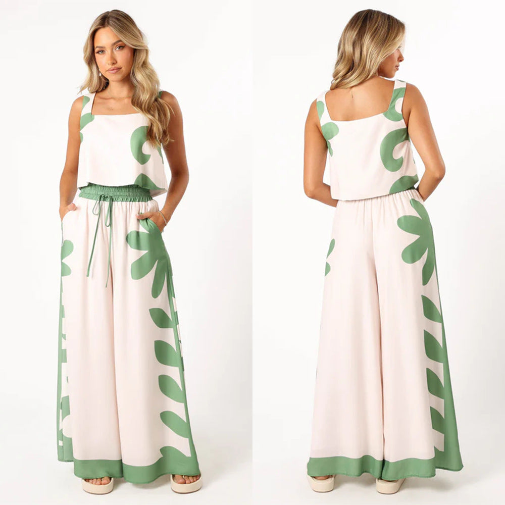 Atikmode Ensemble 2 Pièces Large Imprimé Floral Vert Clair
