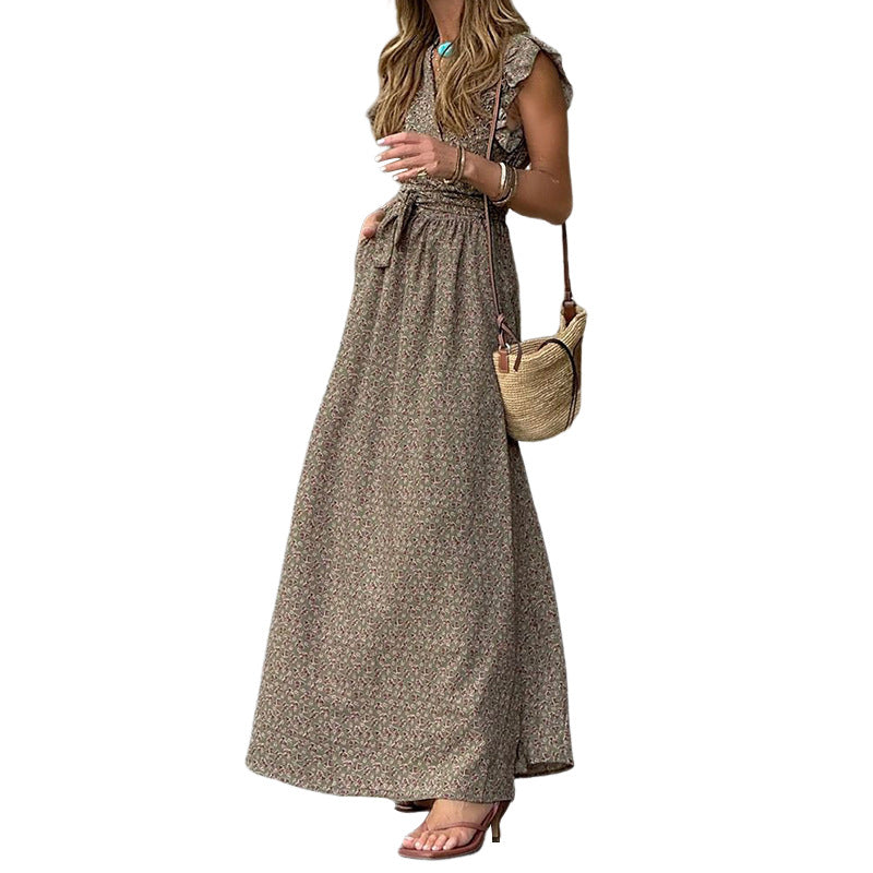 Élégance Coton – Robe mi-longue col V manches volantées fleurs