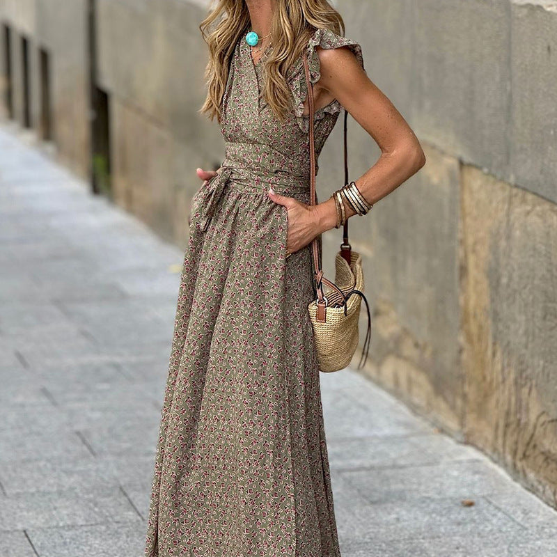 Élégance Coton – Robe mi-longue col V manches volantées fleurs