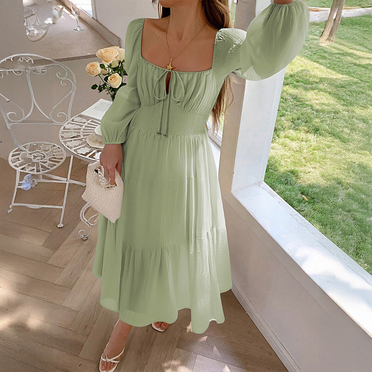 Tencel Doux – Robe bord de mer manches bouffantes taille élastique