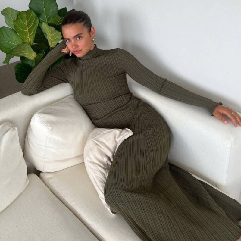 Atikmode Robe Mi-longue Col Roulé Tricotée Taille Haute