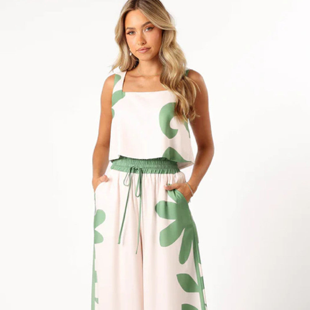 Atikmode Ensemble 2 Pièces Large Imprimé Floral Vert Clair