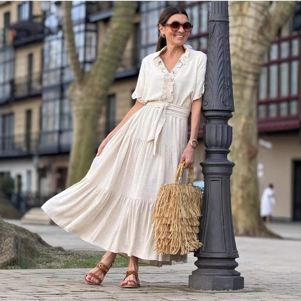 Atikmode Robe Coton Col Polo Taille Haute