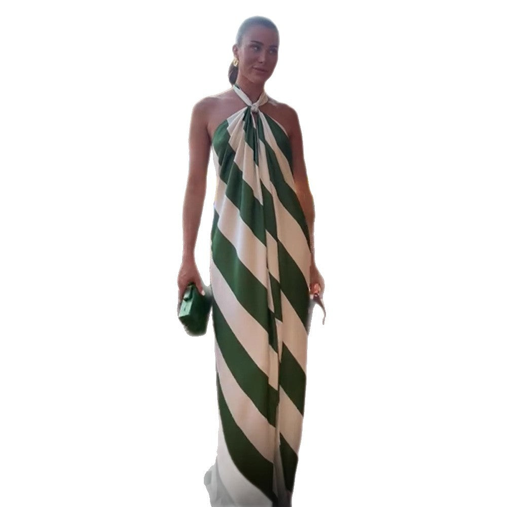 Atikmode Robe Longue Polyester Rayée Col Halter