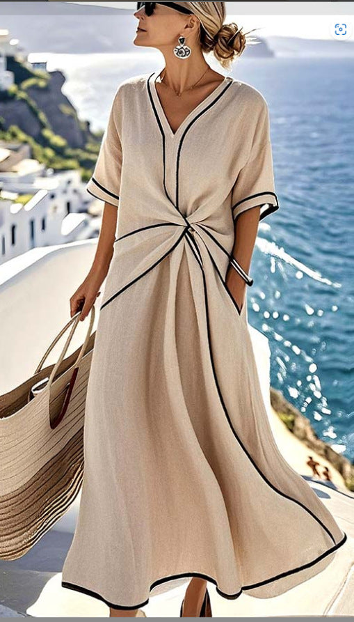 Atikmode Robe Longue Ample Rayée Lin-Polyester