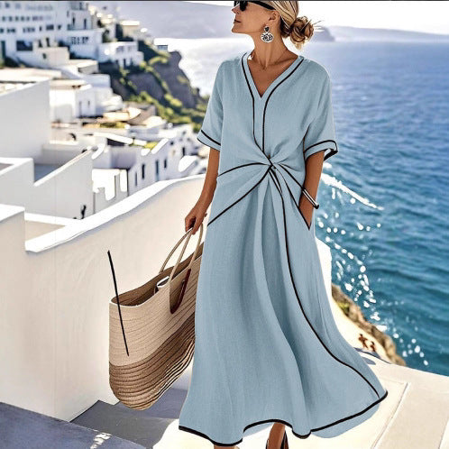 Atikmode Robe Longue Ample Rayée Lin-Polyester