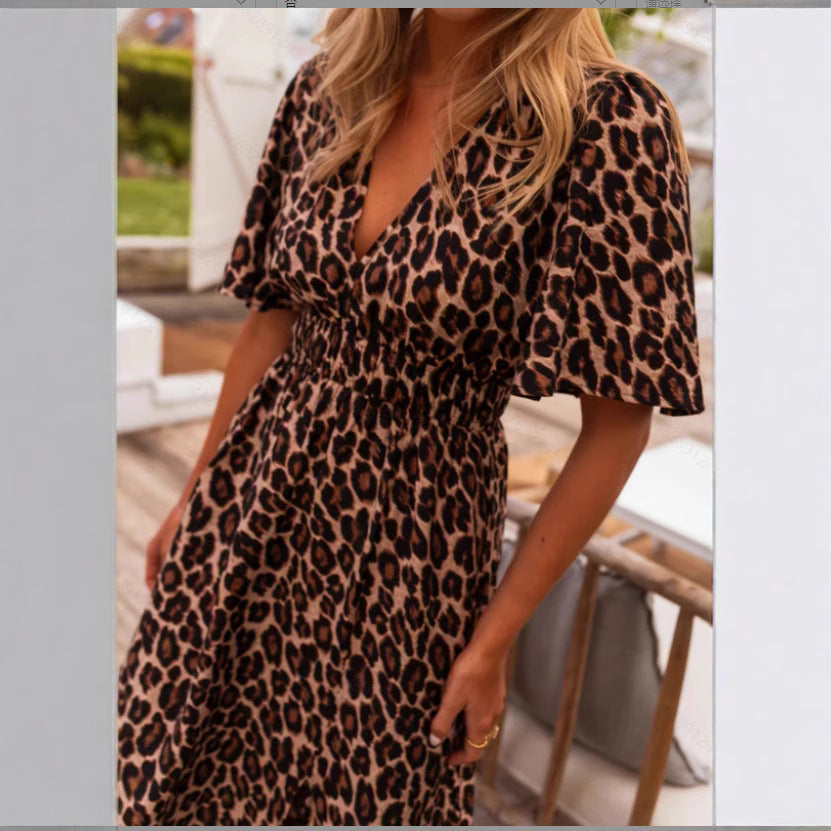 Atikmode Robe Longue Polyester Léopard Col V